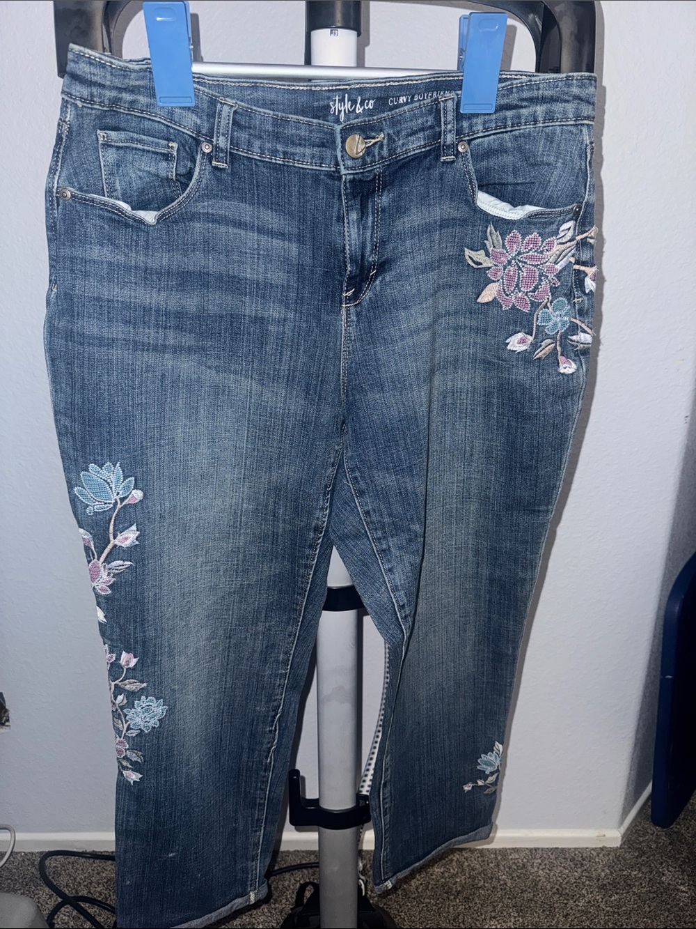 Style & Co. Blue Cropped Jeans with Pink & Light Blue Floral Embroidery